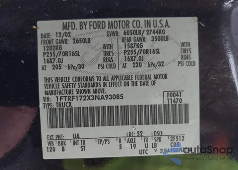 2003 Ford F-150 Xl/Xlt from USA, damaged, VIN 1FTRF172X3NA93085